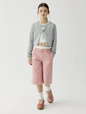 Шорты Sela удлиненные в полоску с двойным поясом для девочек, розовый, арт. 49670