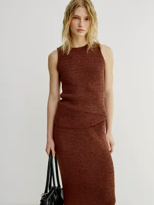 Топ Sela приталенный фактурной вязки, коричневый, арт. 49832