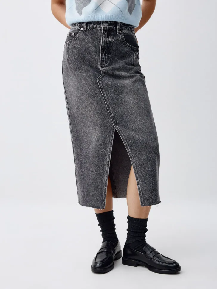 Джинсовая юбка миди с разрезом, серый, арт. 4987