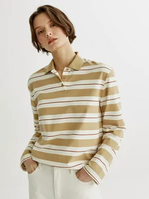 Лонгслив-поло SELA оверсайз в полоску, бежевый, арт. 49937