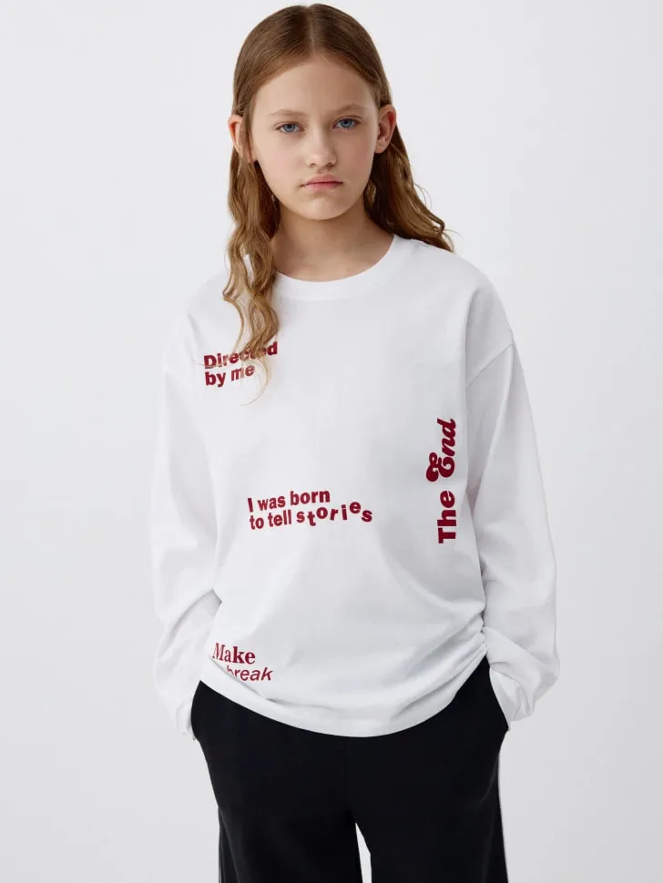 Лонгслив оверсайз с принтом для девочек, белый, арт. 5029