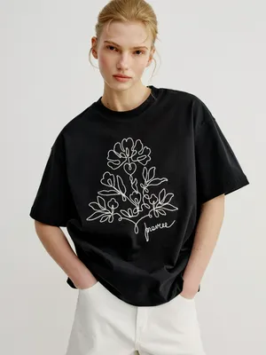 Футболка Sela оверсайз с объемной вышивкой из шнура, черный, арт. 50477