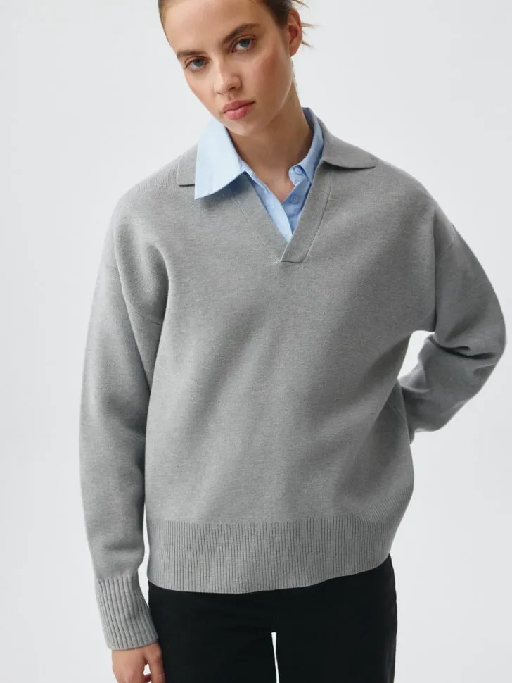 Вязаный джемпер с воротником поло, серый, арт. 5049
