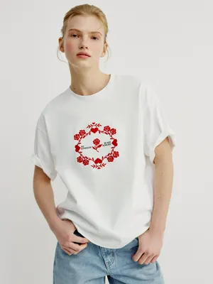 Футболка оверсайз Sela с принтом и вышивкой, белый, арт. 50490