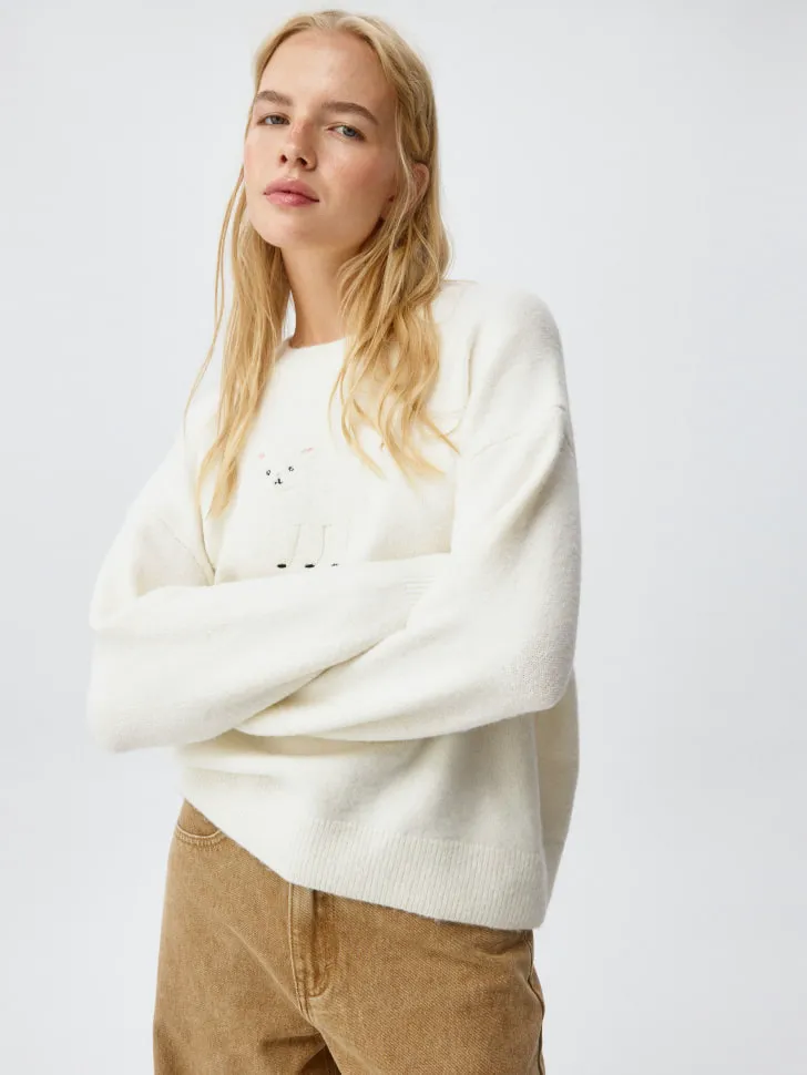 Вязаный джемпер с жаккардовой вышивкой, белый, арт. 5053