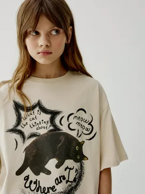 Футболка оверсайз с принтом для девочек, бежевый, арт. 50583
