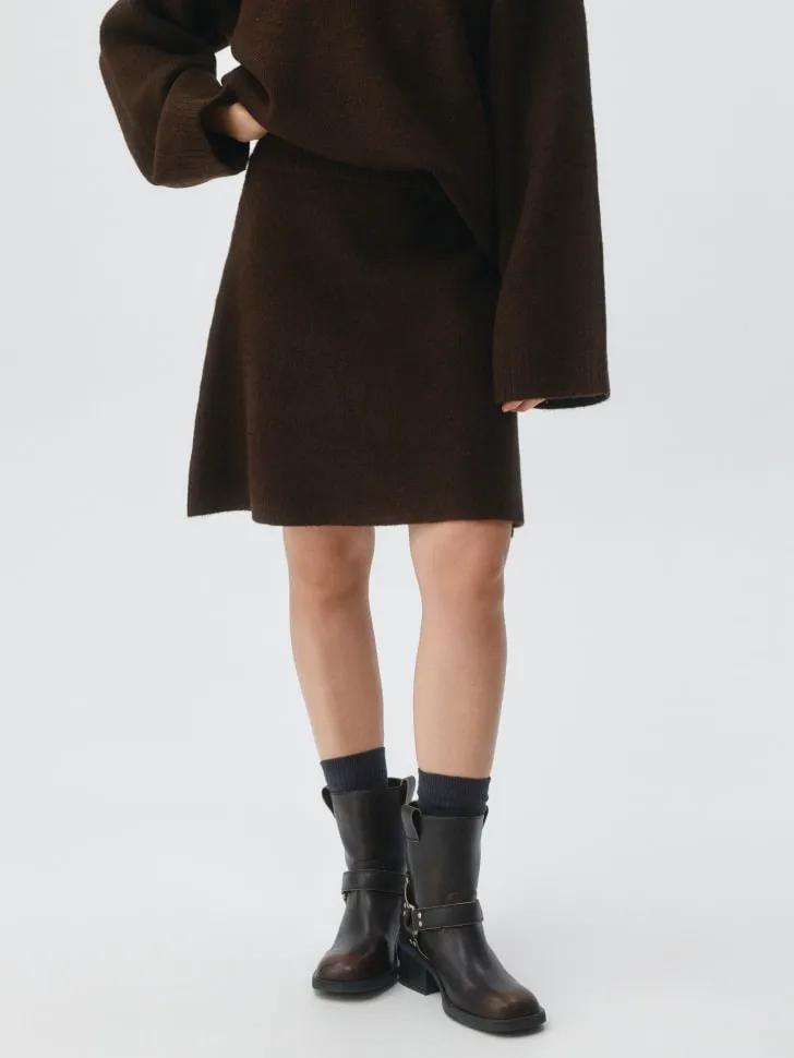 Трикотажная мини юбка с содержанием шерсти, коричневый, арт. 5061