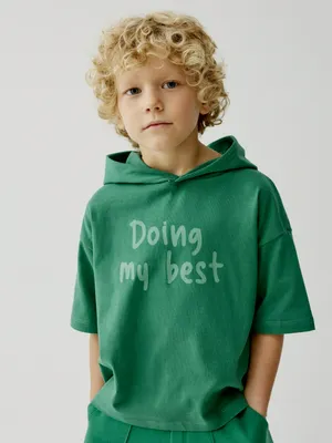 Футболка SELA оверсайз с капюшоном для мальчиков, зеленый, арт. 50630