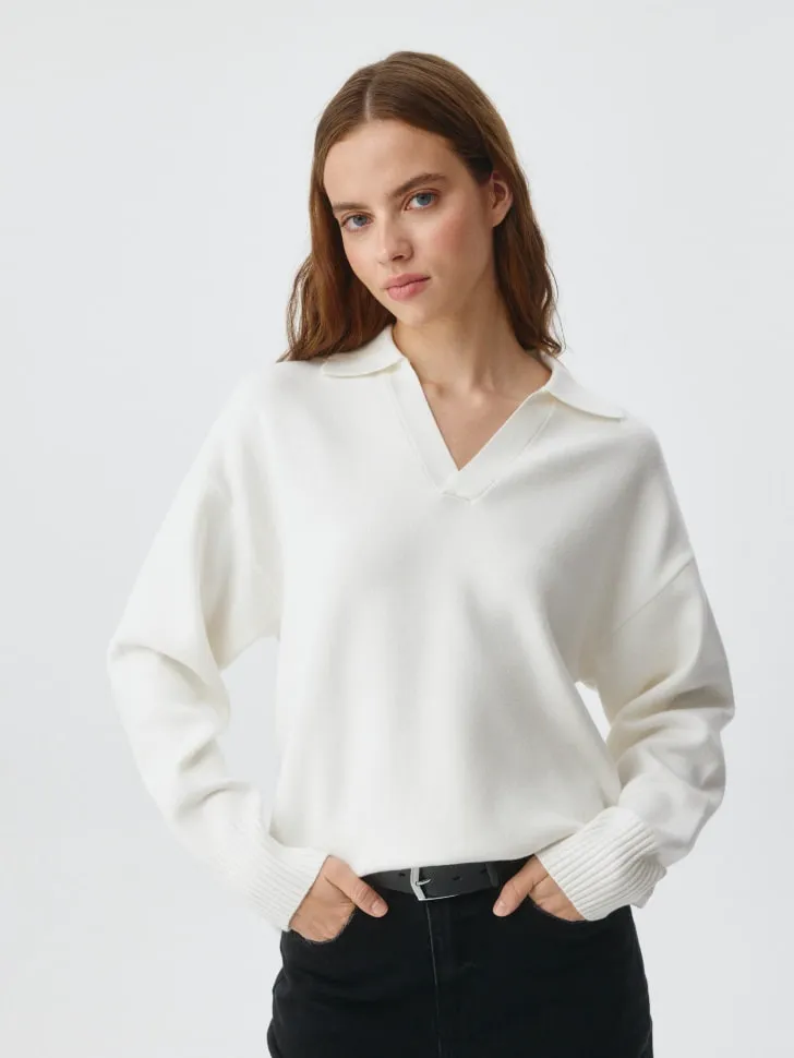 Вязаный джемпер с воротником поло, белый, арт. 5085