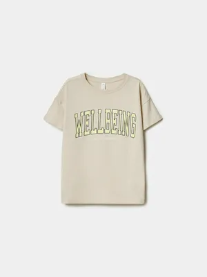 Футболка SELA с принтом 'WELLBEING' для девочек, бежевый, арт. 50893