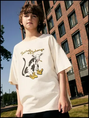 Футболка оверсайз с принтом для мальчиков, бежевый, арт. 5151