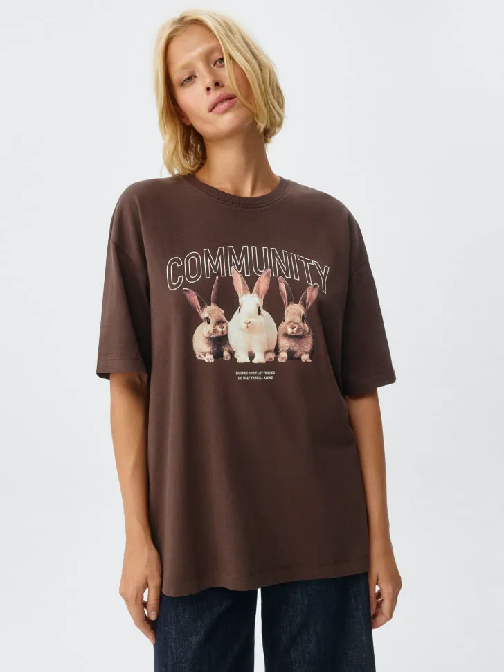 Футболка оверсайз с принтом, коричневый, арт. 5174