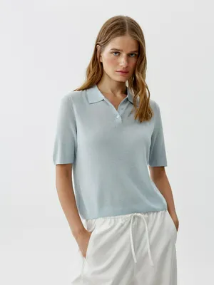 Вязаное поло Sela из смесового лиоцелла, голубой, арт. 52071