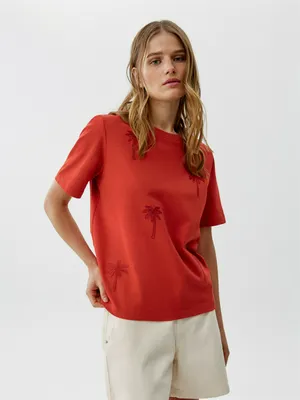 Футболка SELA прямого кроя с вышивкой, красный, арт. 52090