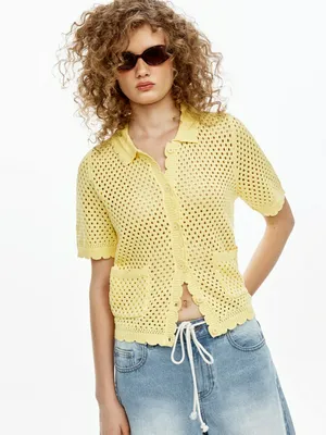 Вязаный ажурный кардиган SELA Young, желтый, арт. 52202