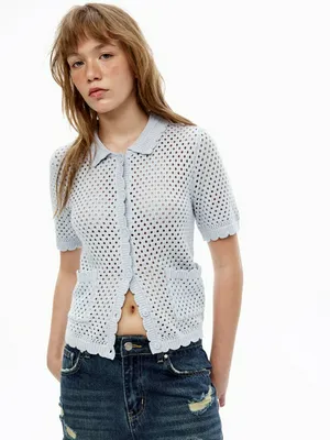 Вязаный ажурный кардиган SELA Young, голубой, арт. 52227