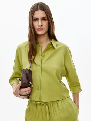 Укороченная льняная рубашка оверсайз Sela, зеленый, арт. 52359