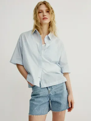Укороченная рубашка оверсайз Sela, голубой, арт. 52376