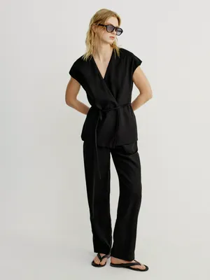 Укороченные брюки Sela из вискозы со льном, черный, арт. 52650