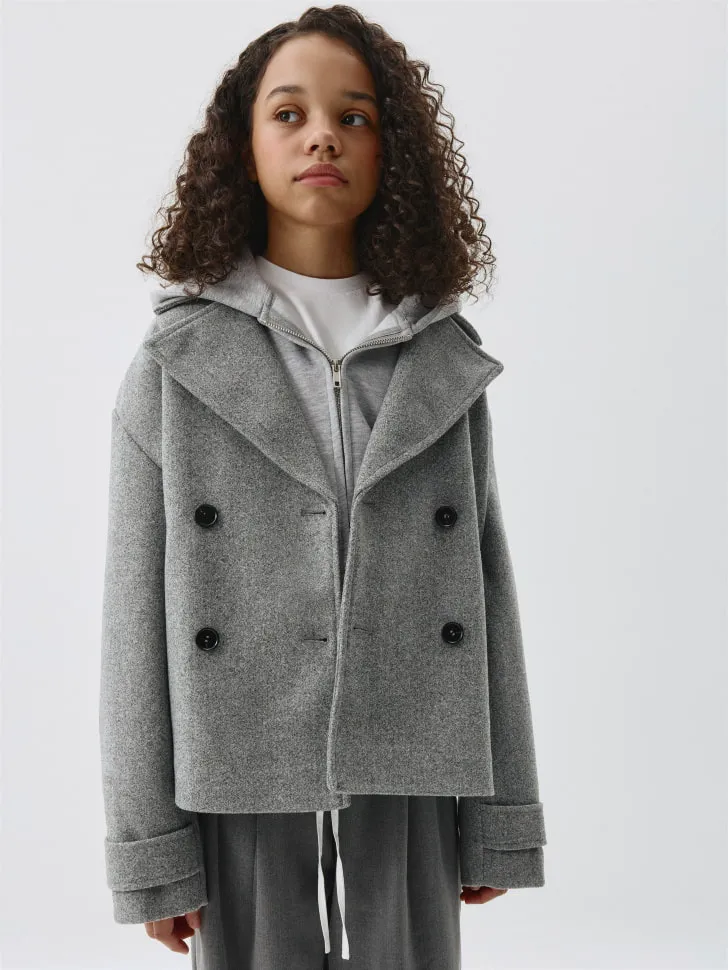 Короткое двубортное пальто для девочек, серый, арт. 5318