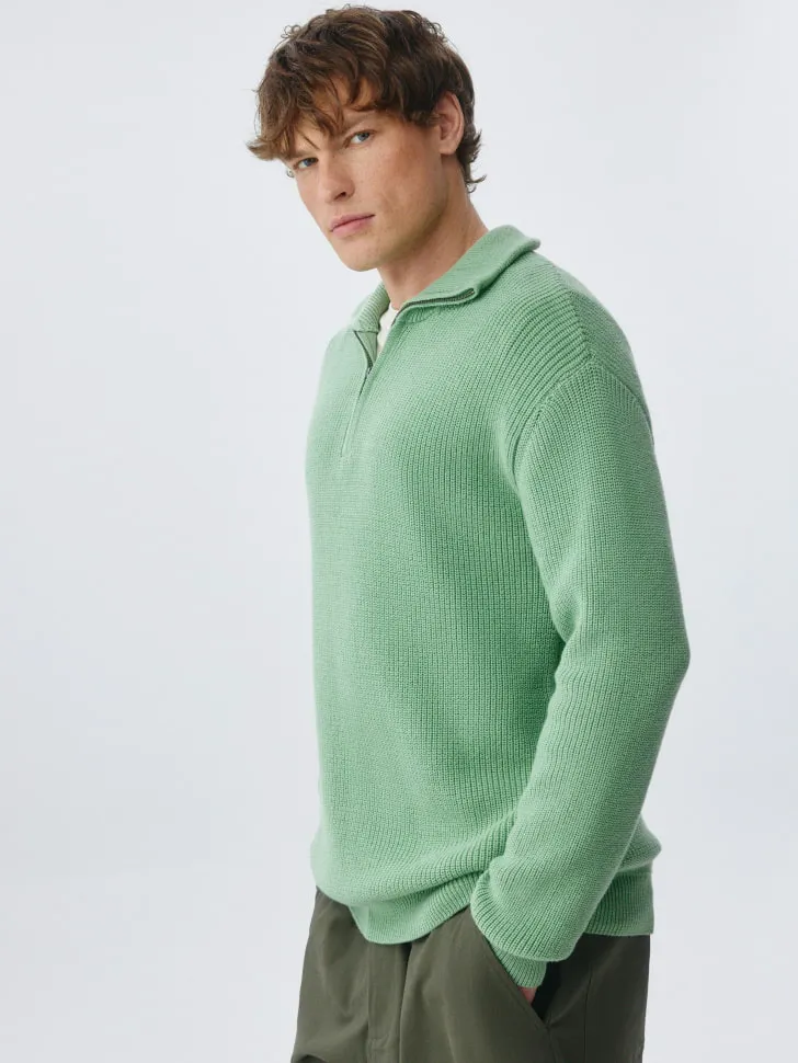 Вязаный джемпер с воротником-стойкой на молнии, зеленый, арт. 5361