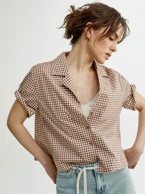 Укороченная рубашка Sela в клетку, коричневый, арт. 53677