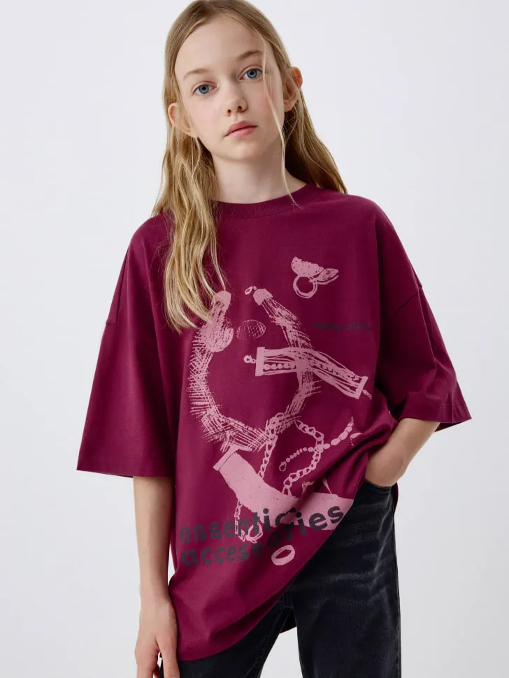 Футболка оверсайз с принтом для девочек, бордовый, арт. 5419