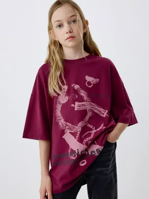 Футболка оверсайз с принтом для девочек, бордовый, арт. 5419