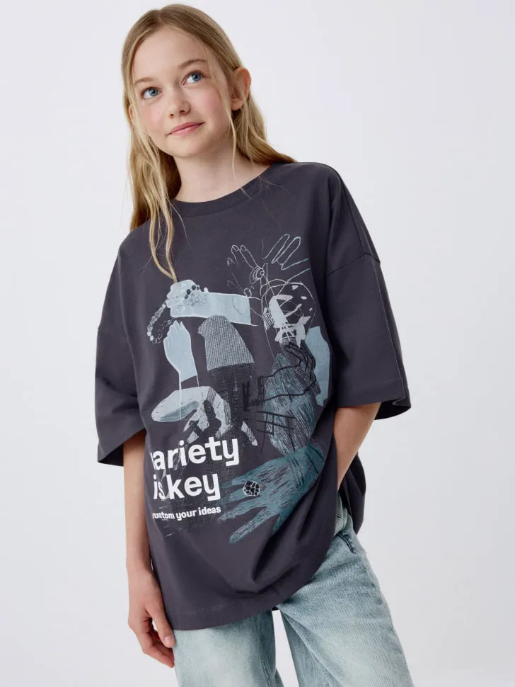 Футболка оверсайз с принтом для девочек, серый, арт. 5425