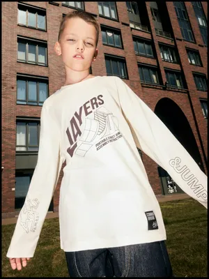 Лонгслив оверсайз с принтом для мальчиков, бежевый, арт. 5497