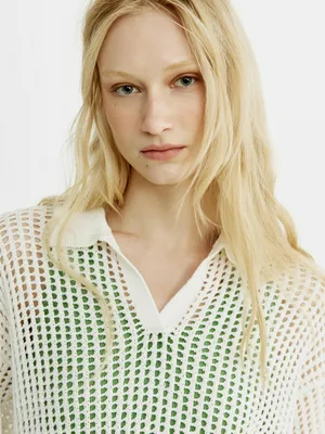 Вязаный джемпер-поло Sela кроше, белый, арт. 55023