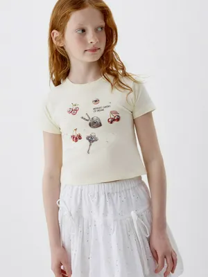 Приталенная футболка с принтом и стразами для девочек, арт. 5521