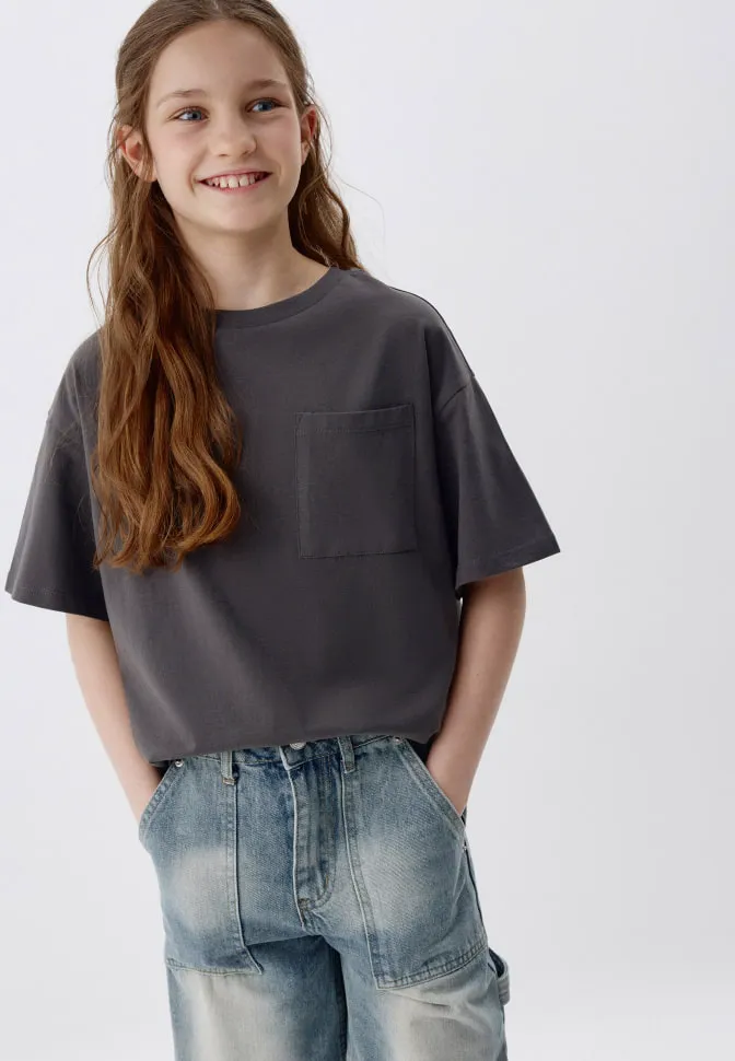 Базовая футболка с карманом для девочек, серый, арт. 5528