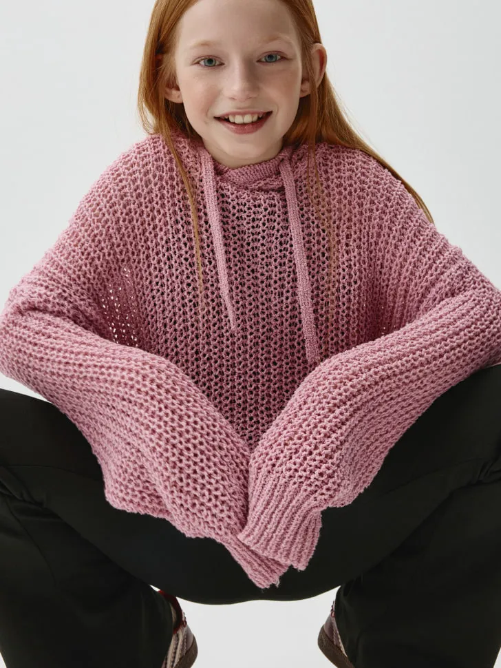 Вязаное худи с капюшоном для девочек, розовый, арт. 5553