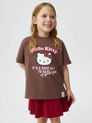 Футболка с принтом Hello Kitty для девочек, коричневый, арт. 5633