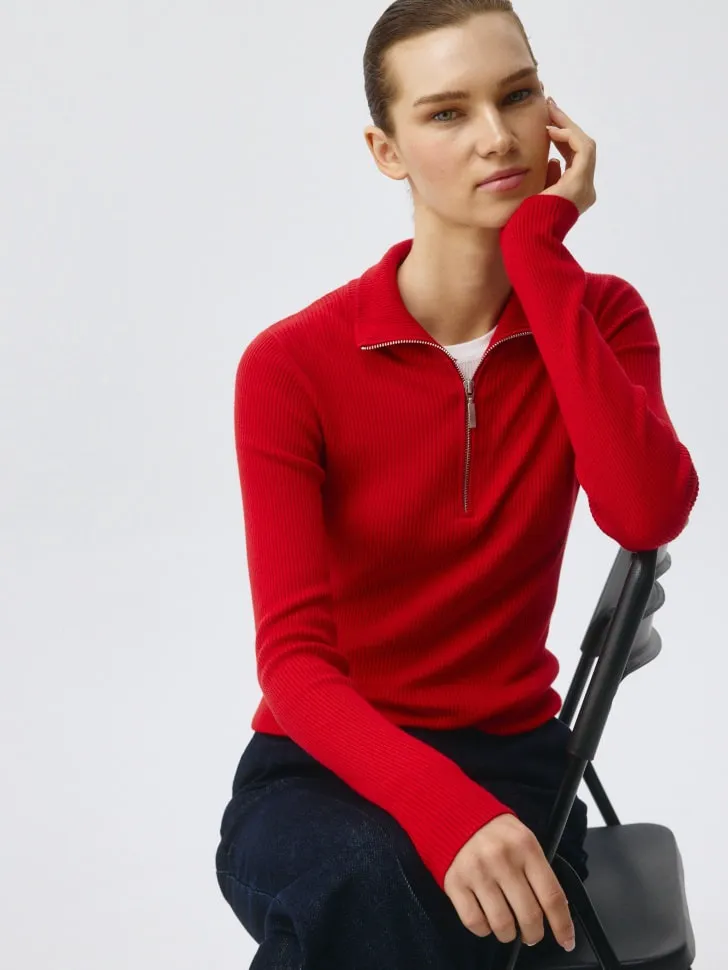 Джемпер в рубчик на молнии, красный, арт. 5726