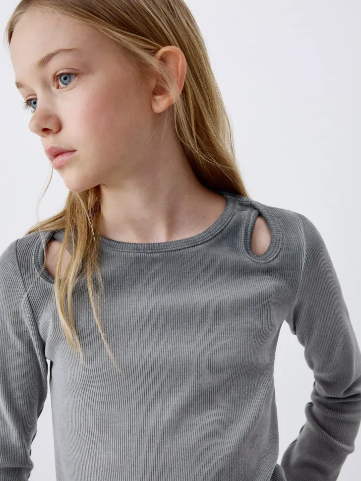 Укороченный лонгслив с эффектом стирки для девочек, серый, арт. 5786