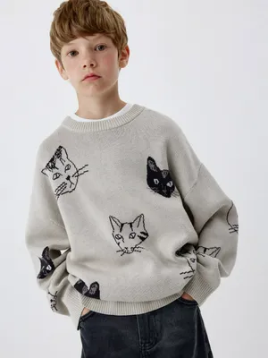 Вязаный джемпер оверсайз с принтом для мальчиков, арт. 5796