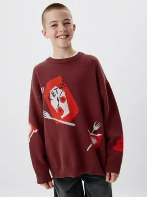 Вязаный джемпер оверсайз с принтом для мальчиков, бордовый, арт. 5797