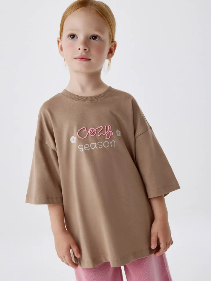 Футболка оверсайз с принтом для девочек, бежевый, арт. 5828