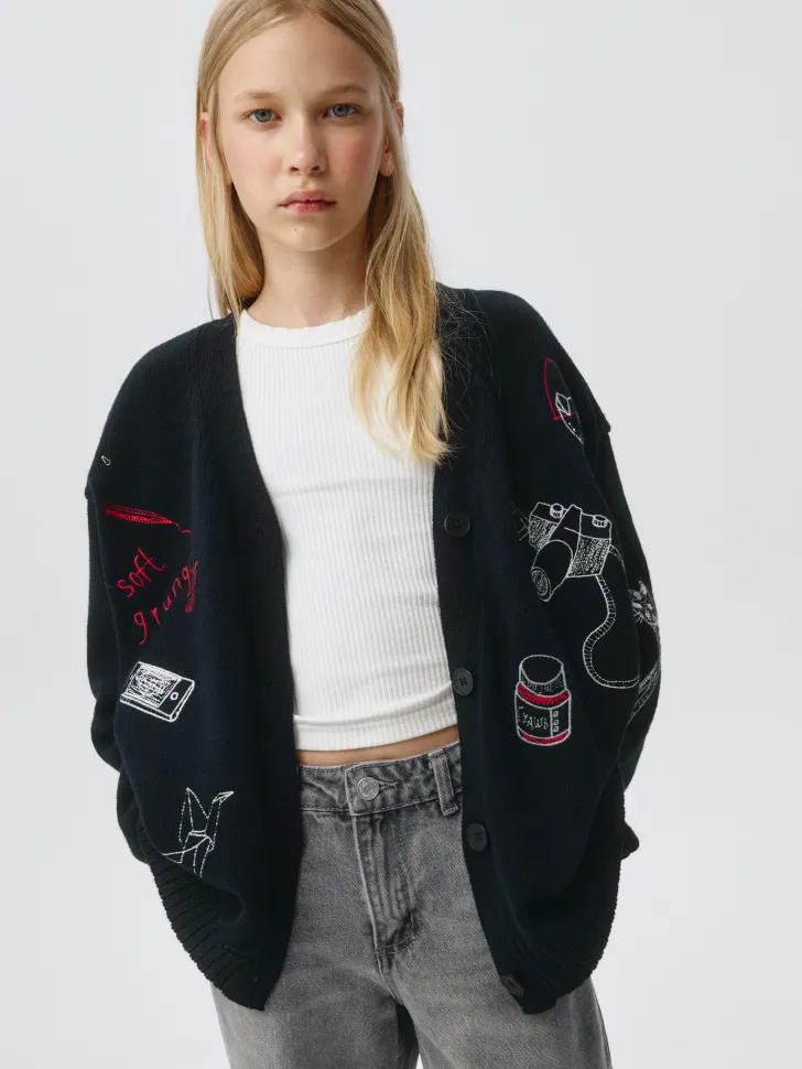 Вязаный кардиган с жаккардовым принтом для девочек, черный, арт. 5837