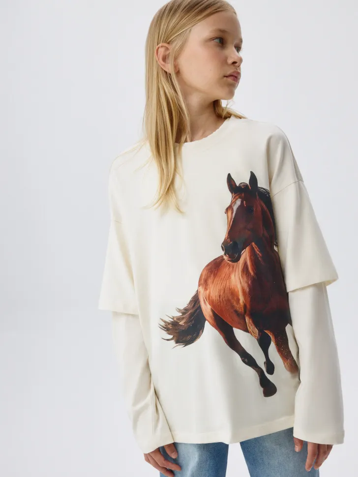 Лонгслив оверсайз с принтом для девочек, бежевый, арт. 5838