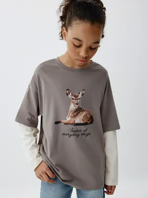 Лонгслив оверсайз с принтом для девочек, бежевый, арт. 5839