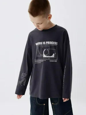 Лонгслив оверсайз с принтом для мальчиков, серый, арт. 5863