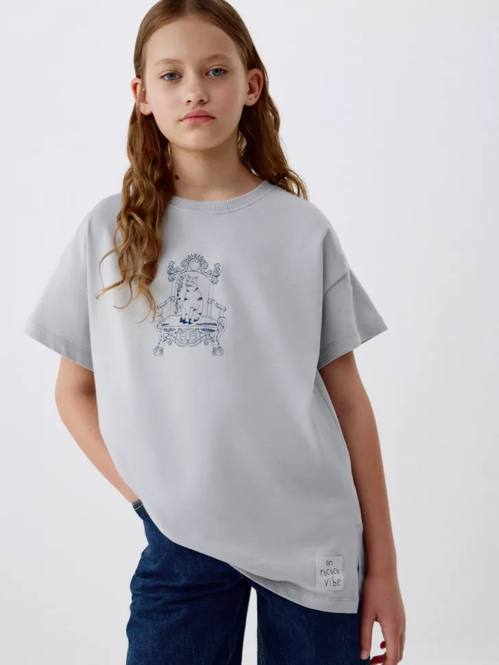Футболка оверсайз с принтом для девочек, серый, арт. 5867
