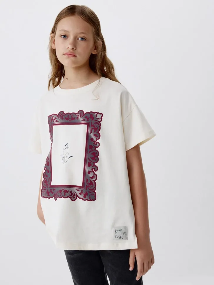 Футболка оверсайз с принтом для девочек, белый, арт. 5877