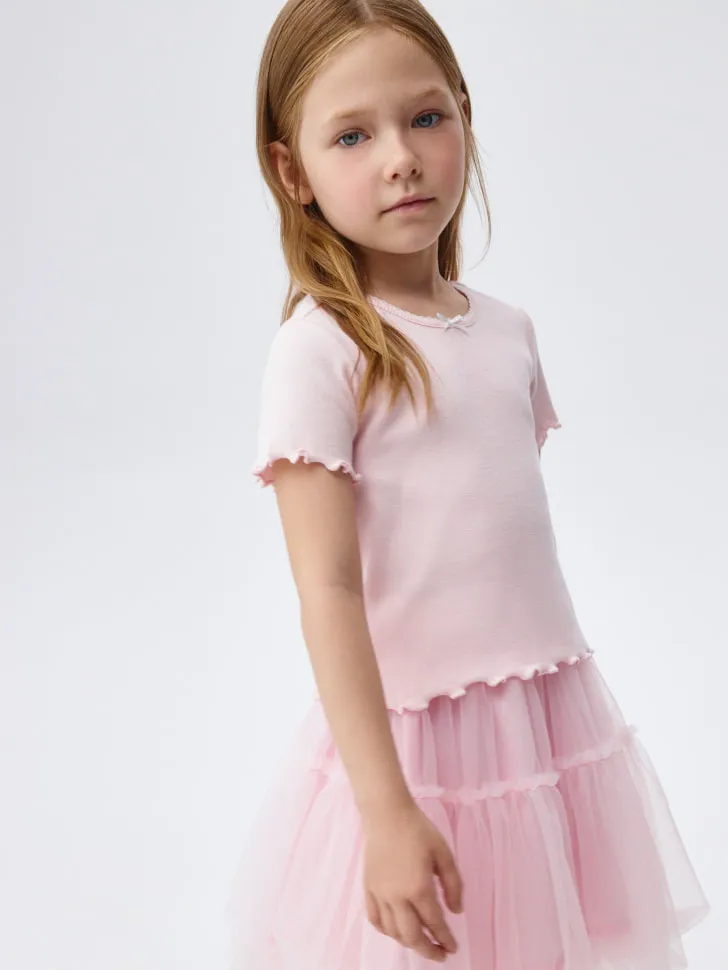 Базовая футболка в рубчик для девочек, розовый, арт. 5903