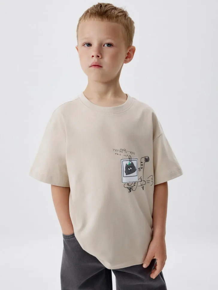 Футболка оверсайз с принтом для мальчиков, бежевый, арт. 5911