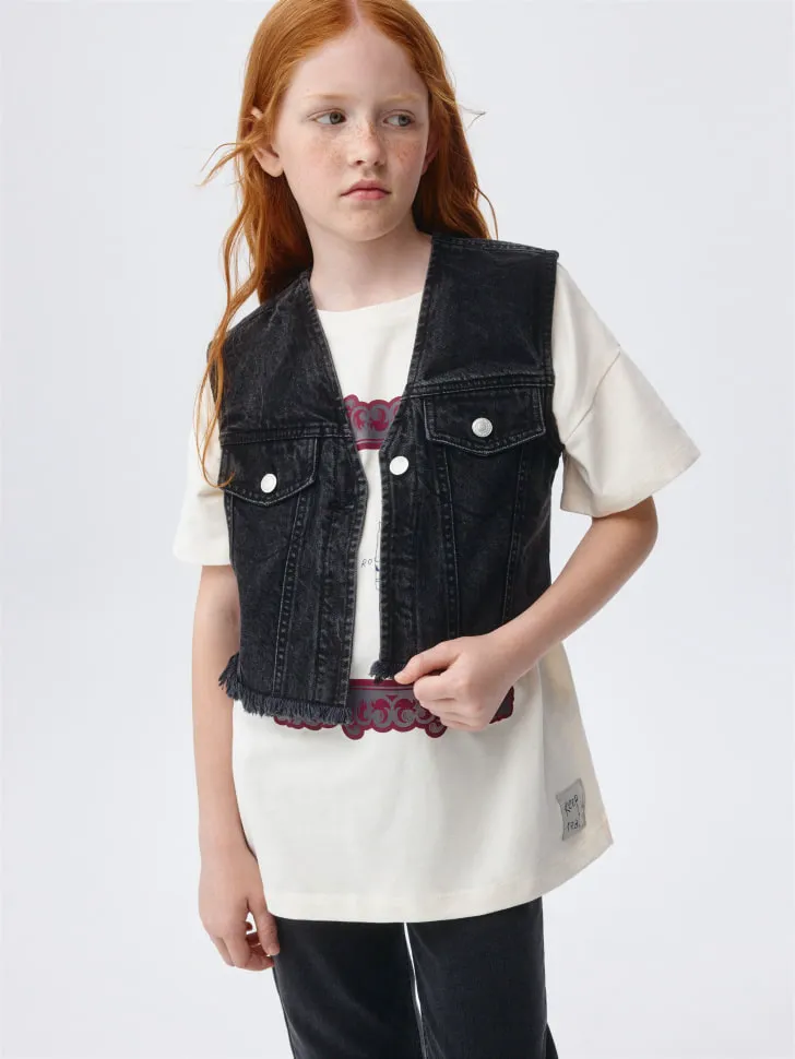 Укороченный джинсовый жилет для девочек, серый, арт. 5915