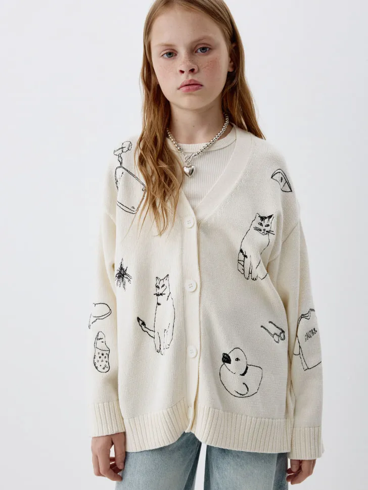 Вязаный кардиган с жаккардовым принтом для девочек, бежевый, арт. 5929